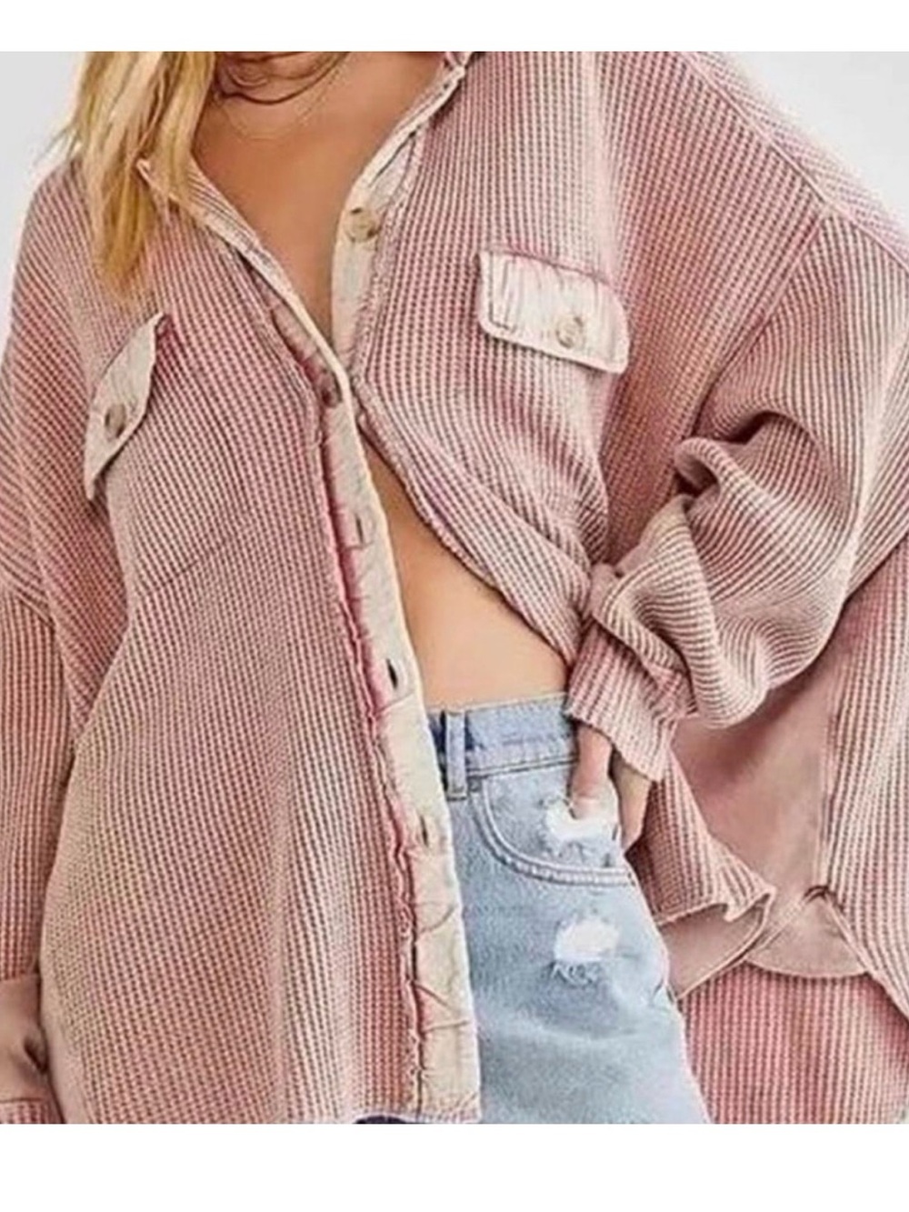 One FP scout jacket Women's Washed pink Mauve Button-Front Knit Shirt Jacket sm